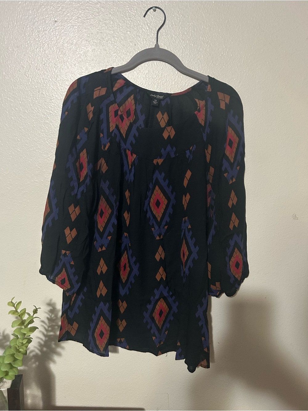 Lucky Brand Black Aztec-Print Flowing Peasant Blouse